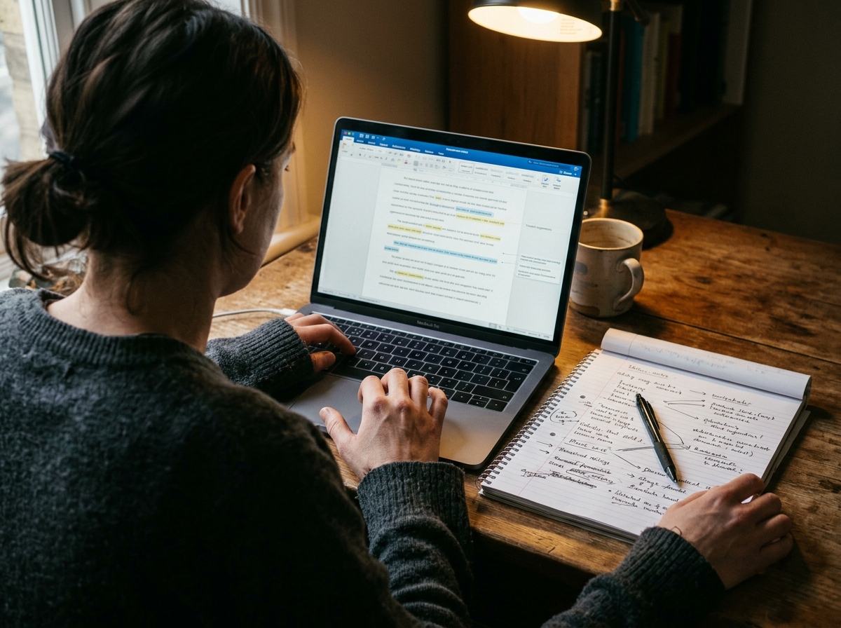 A writer editing an AI-generated article on a laptop, adding personal notes and refinements.