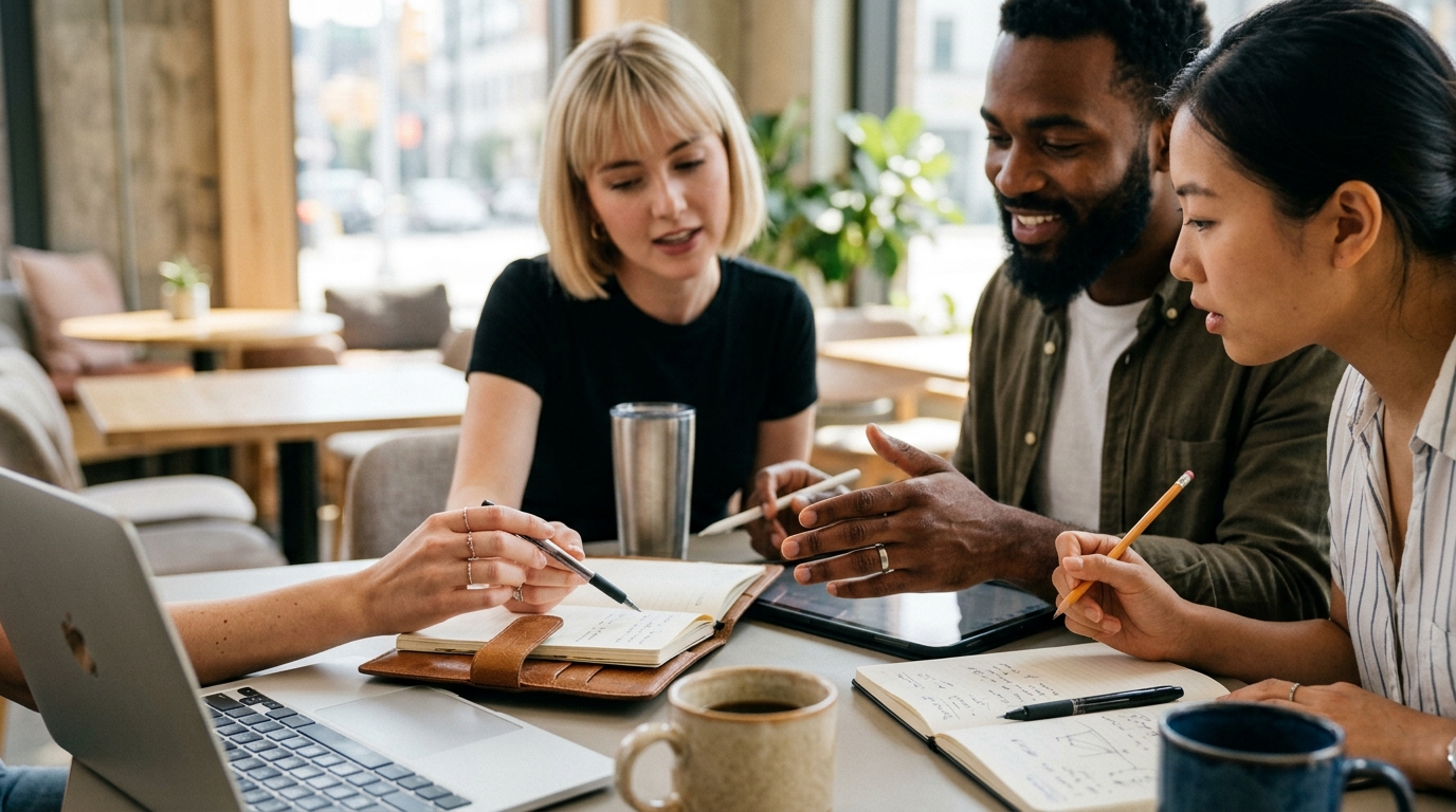 A diverse team of marketing professionals collaborating on an SEO article strategy in a modern office.