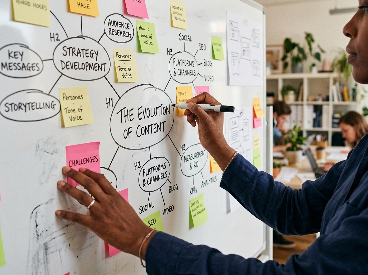 A content strategist's hands sketching a mind map for an article's structure on a whiteboard.