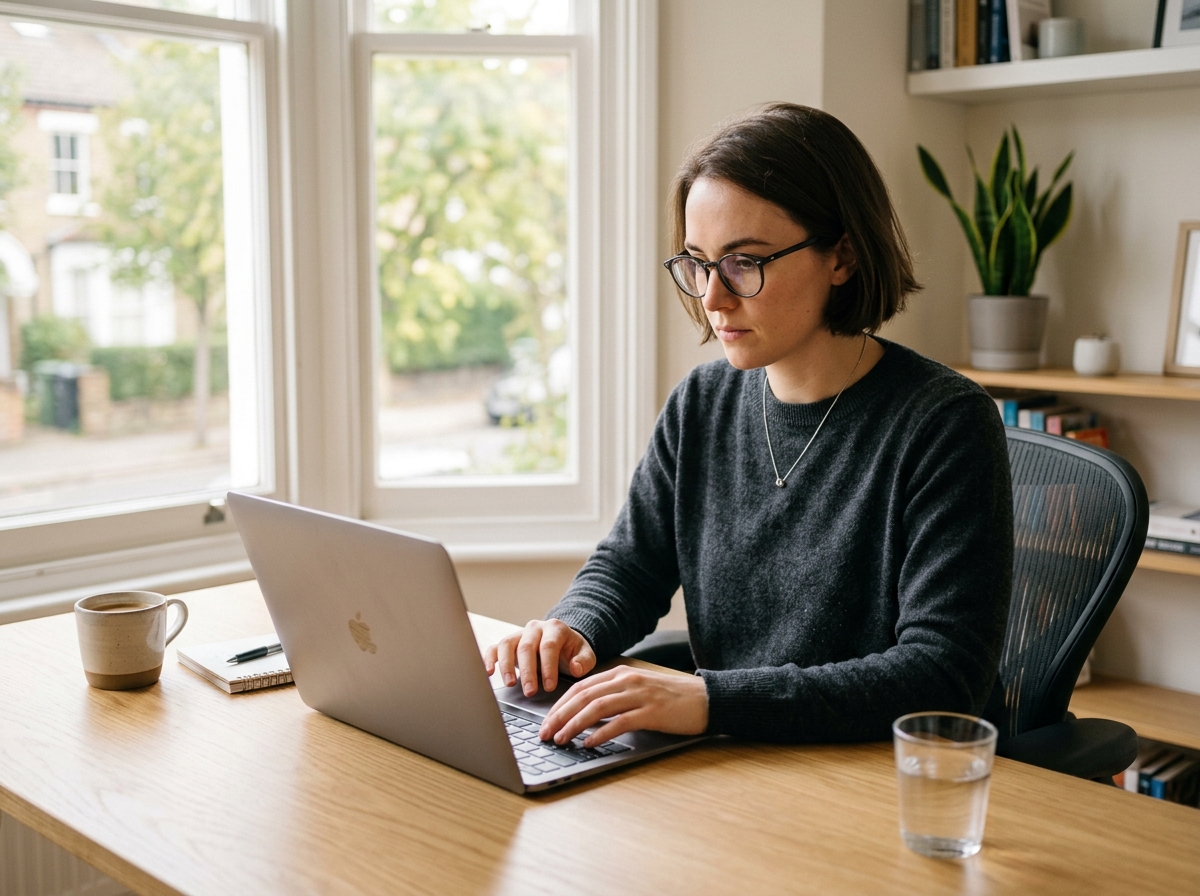 A solo founder working on her laptop, optimizing an article's on-page SEO settings.