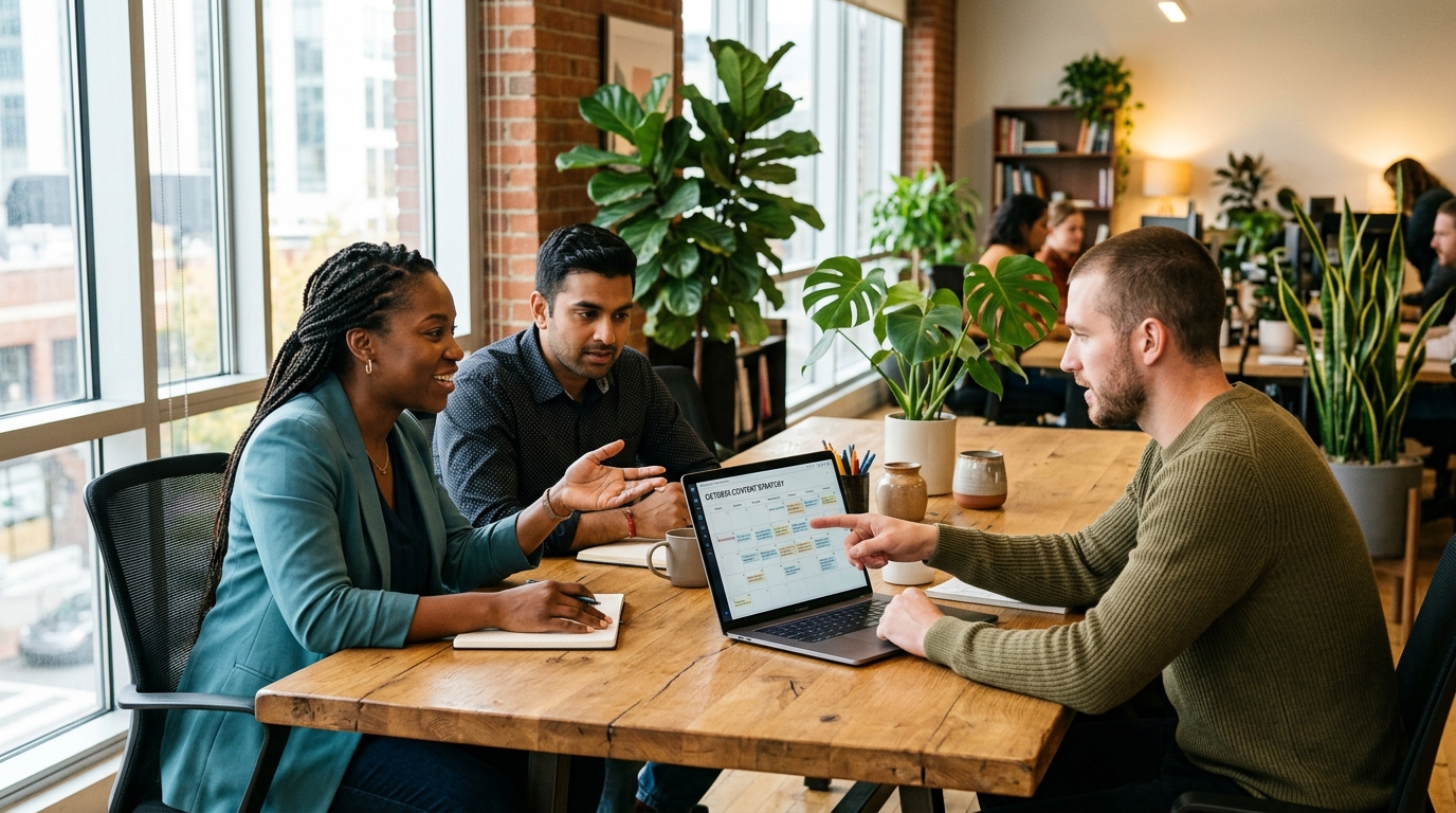 A marketing team collaborating on an article marketing strategy in a modern office.