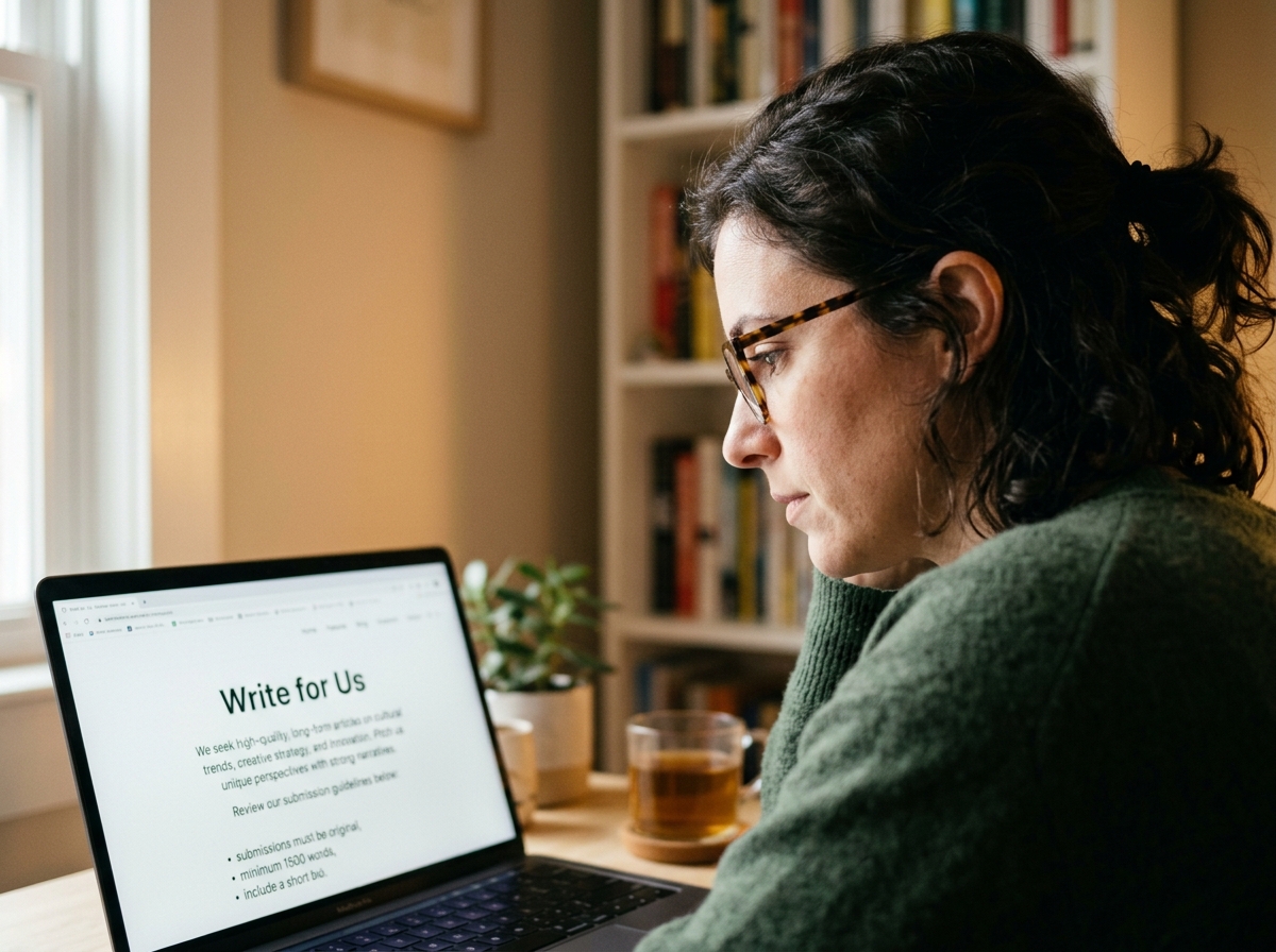 A content writer carefully reviewing editorial guidelines on a website.