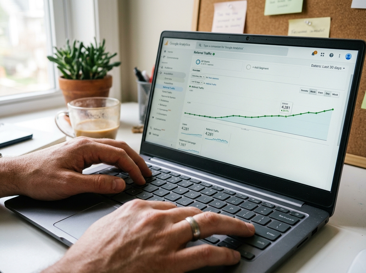 An SEO specialist analyzing referral traffic data in Google Analytics on a laptop.