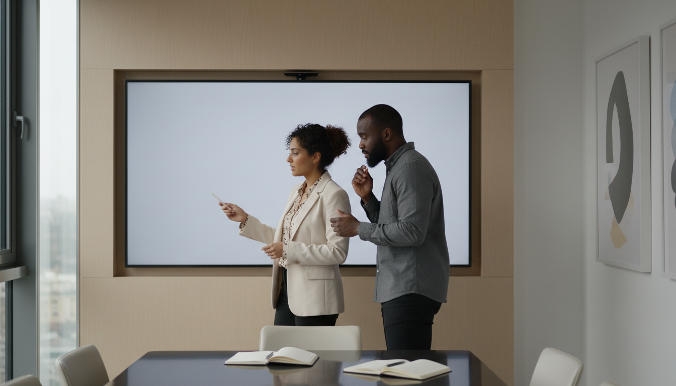 A content strategist and an SEO analyst collaborating in a modern, sunlit office, pointing at a large monitor displaying a SERP analysis wit