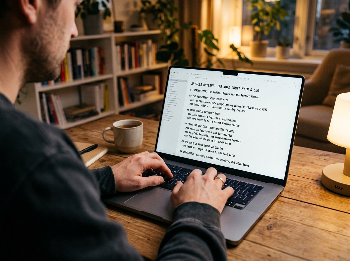 A close-up shot of a person's hands typing on a laptop, with a complex content outline visible on the screen, showing nested headings and su