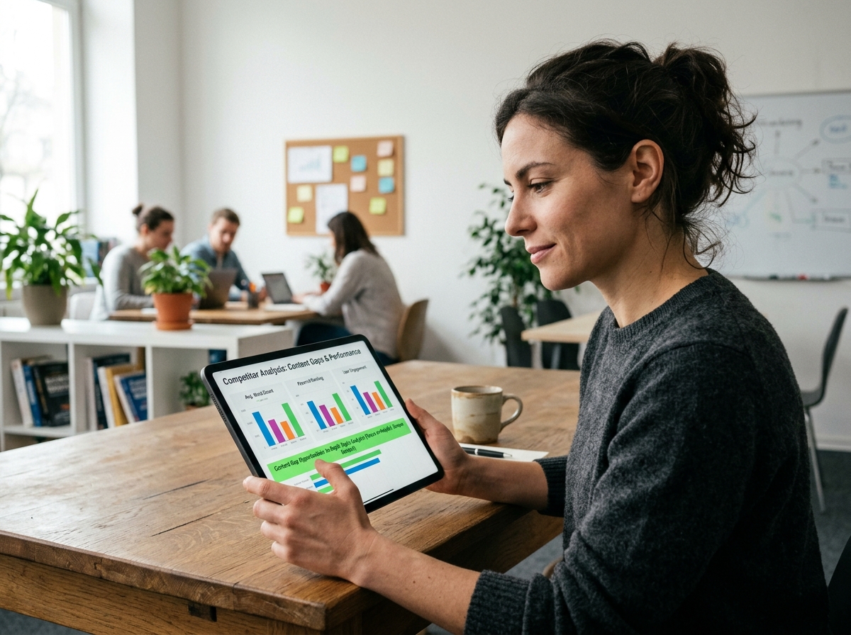 A small business owner looking at a tablet displaying a competitor analysis report with charts and content gap suggestions, feeling empowere