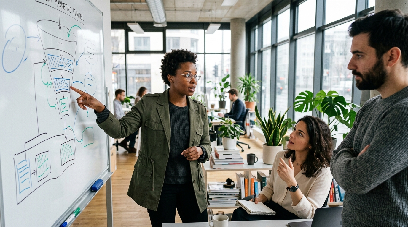 Une stratège de contenu explique un entonnoir de marketing de contenu à son équipe sur un tableau blanc dans un bureau lumineux.