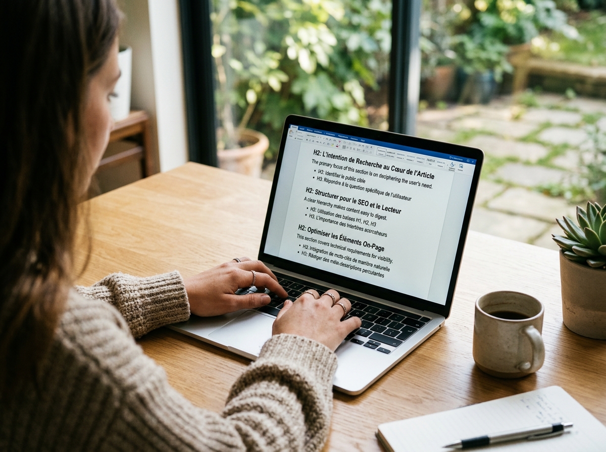 Un rédacteur SEO structure un article avec des titres H2 et H3 sur son ordinateur portable.