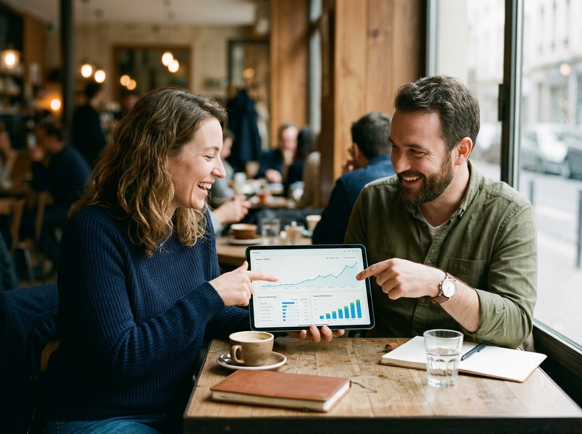 Deux professionnels du marketing analysent des graphiques de trafic organique et de classement de mots-clés sur une tablette.