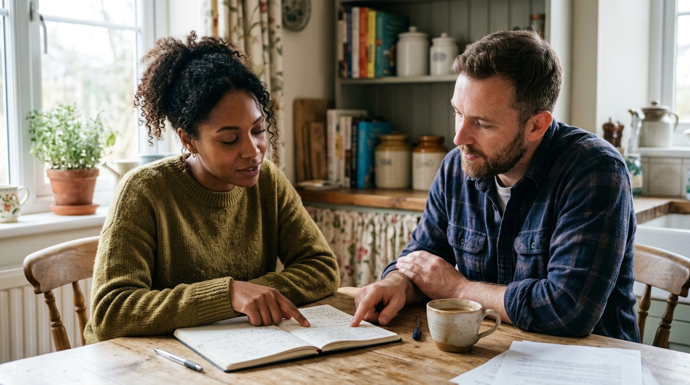 A small business owner and a digital marketing consultant analyzing an SEO analytics dashboard on a laptop in a bright, modern cafe.