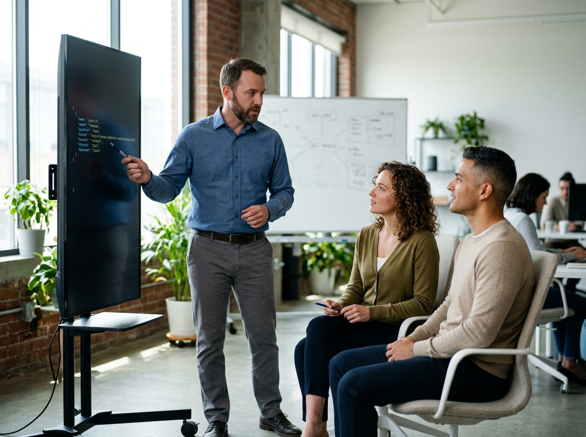 A technical SEO specialist explaining schema markup code on a large monitor to a startup team in a collaborative office space.