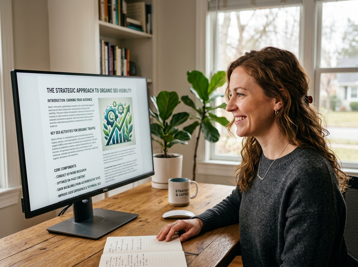 A content strategist smiling with satisfaction while reviewing a perfectly structured AI-generated SEO article on her computer.