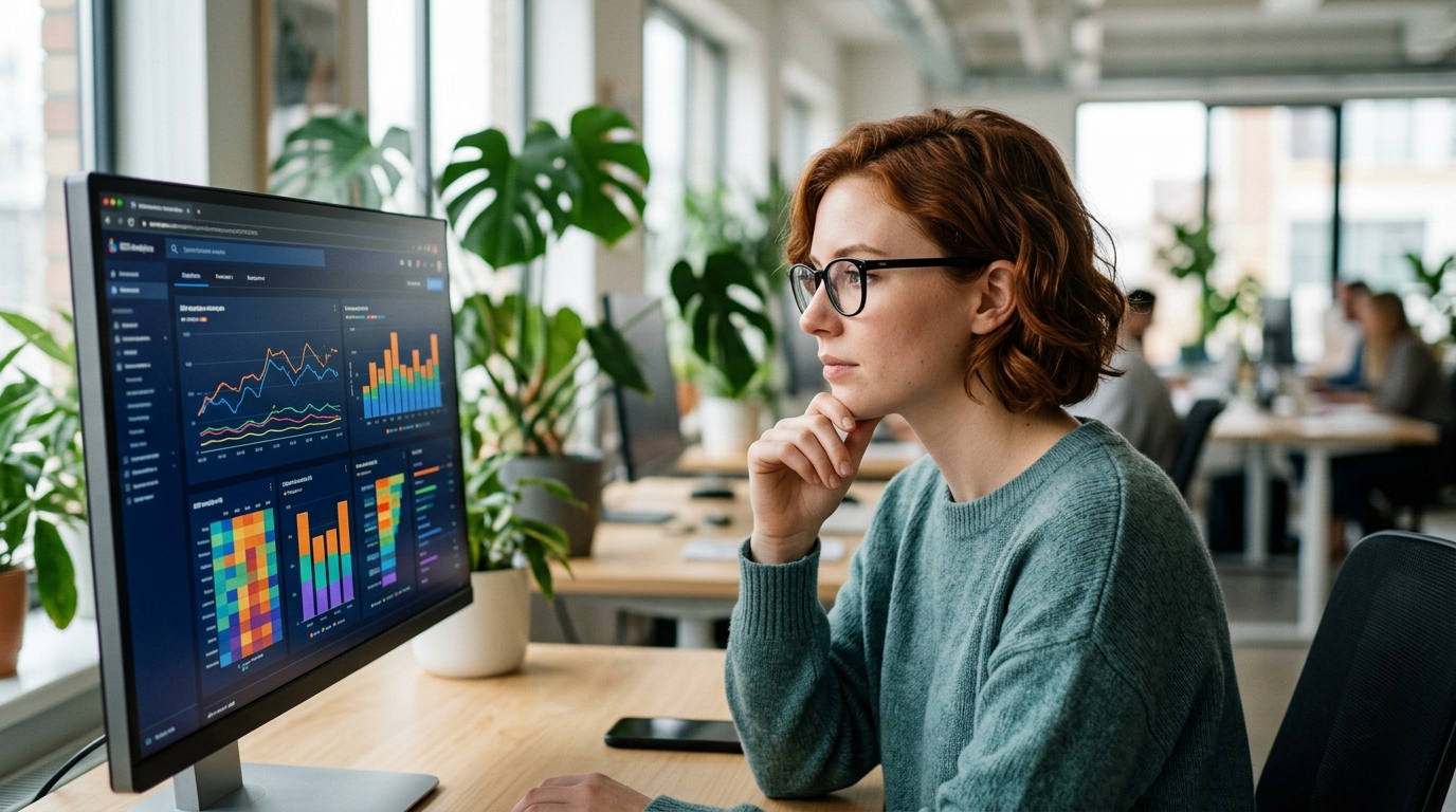 A content strategist analyzing an SEO performance dashboard on a large monitor in a modern office.