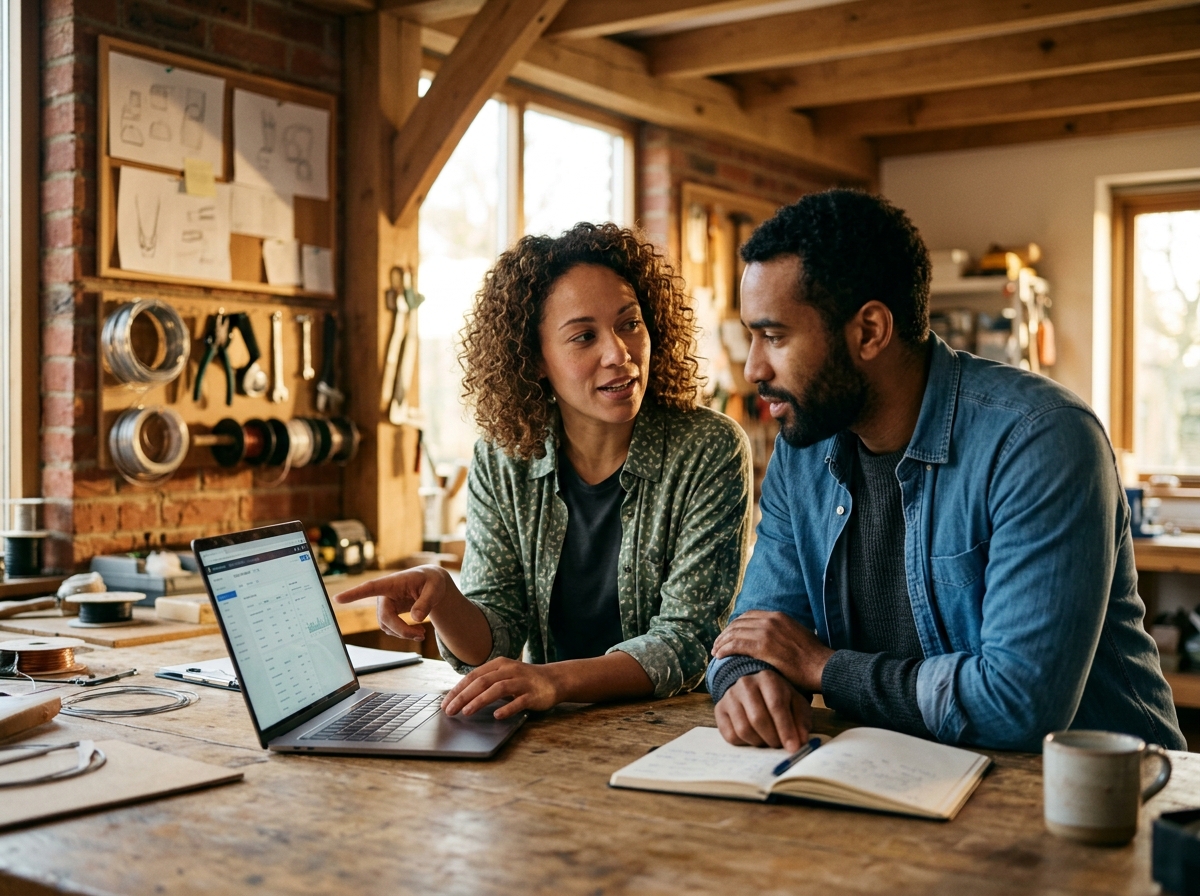 Two small business owners collaborating on keyword research for their website on a laptop.