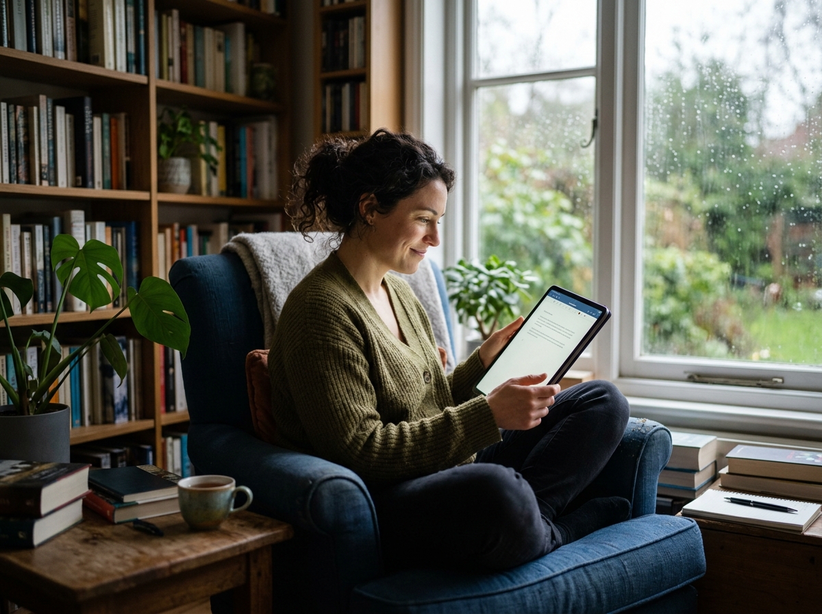 A writer using an AI-powered content tool on her tablet, with a look of inspiration.