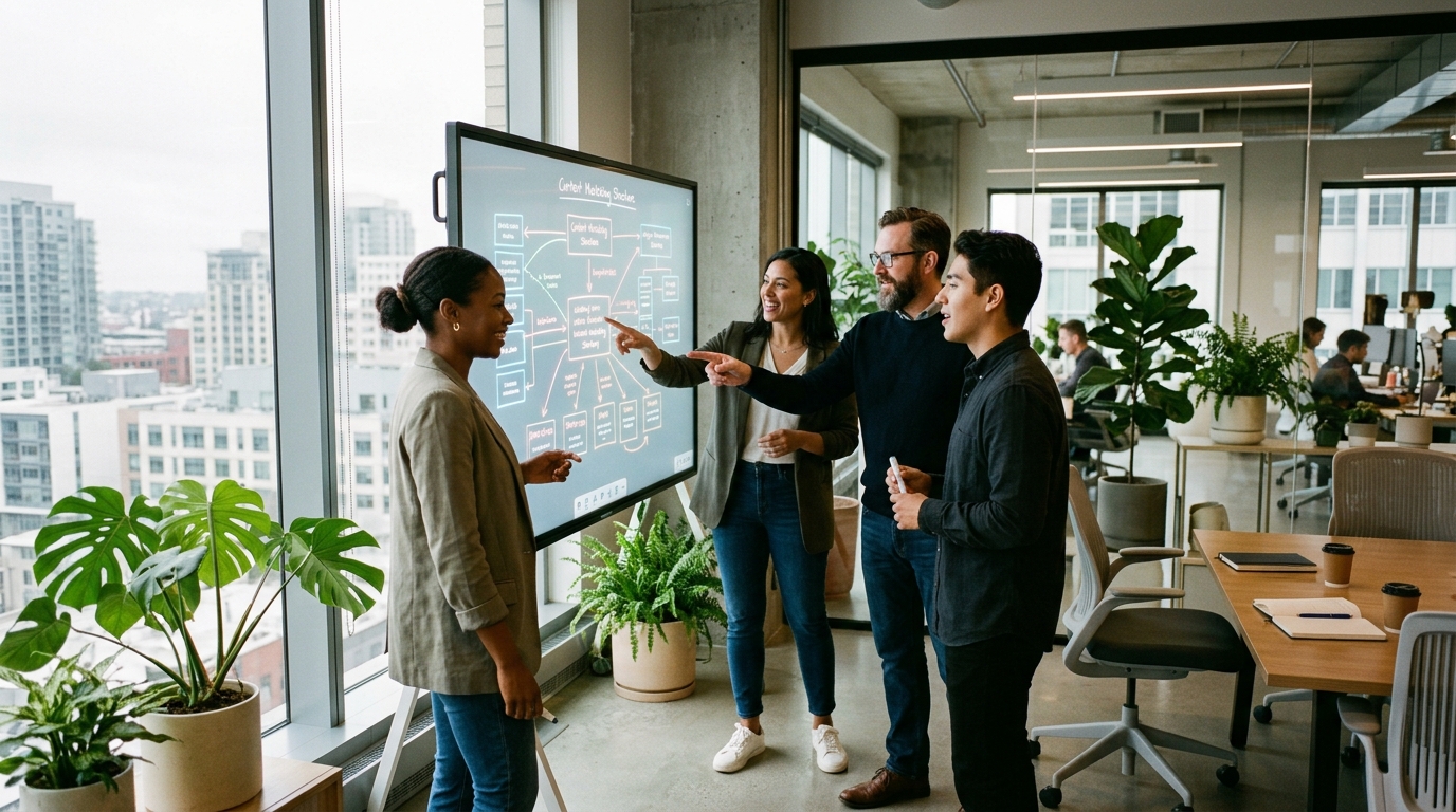A diverse team of content strategists collaborating around a digital whiteboard in a modern office, planning an SEO article structure.