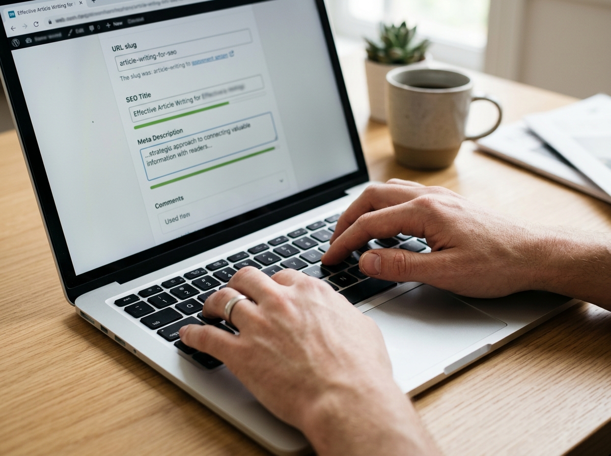 A close-up of a content marketer optimizing the meta description and URL slug for an article in a CMS.