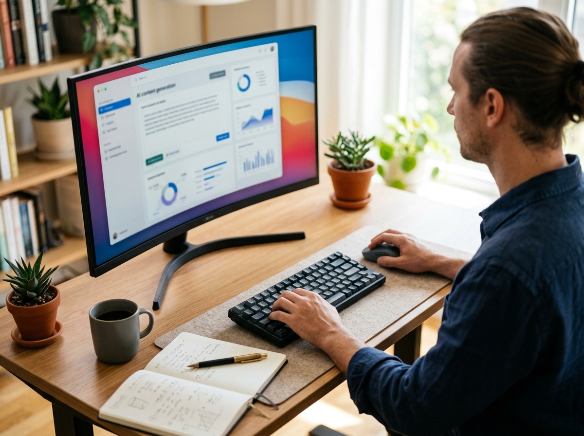 A solo founder efficiently managing their SEO article workflow using an AI content generation tool on their computer.