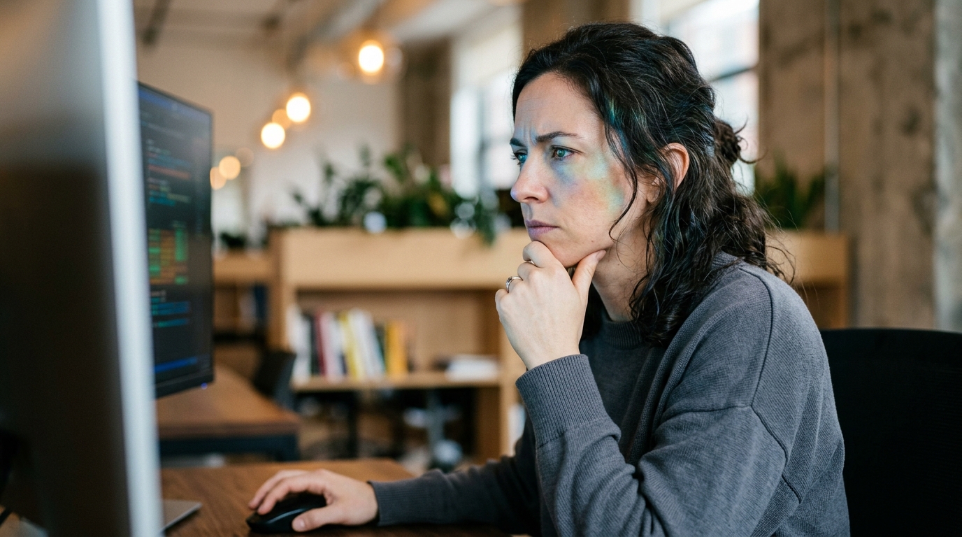 A content strategist analyzing a SERP on a large monitor in a modern office.