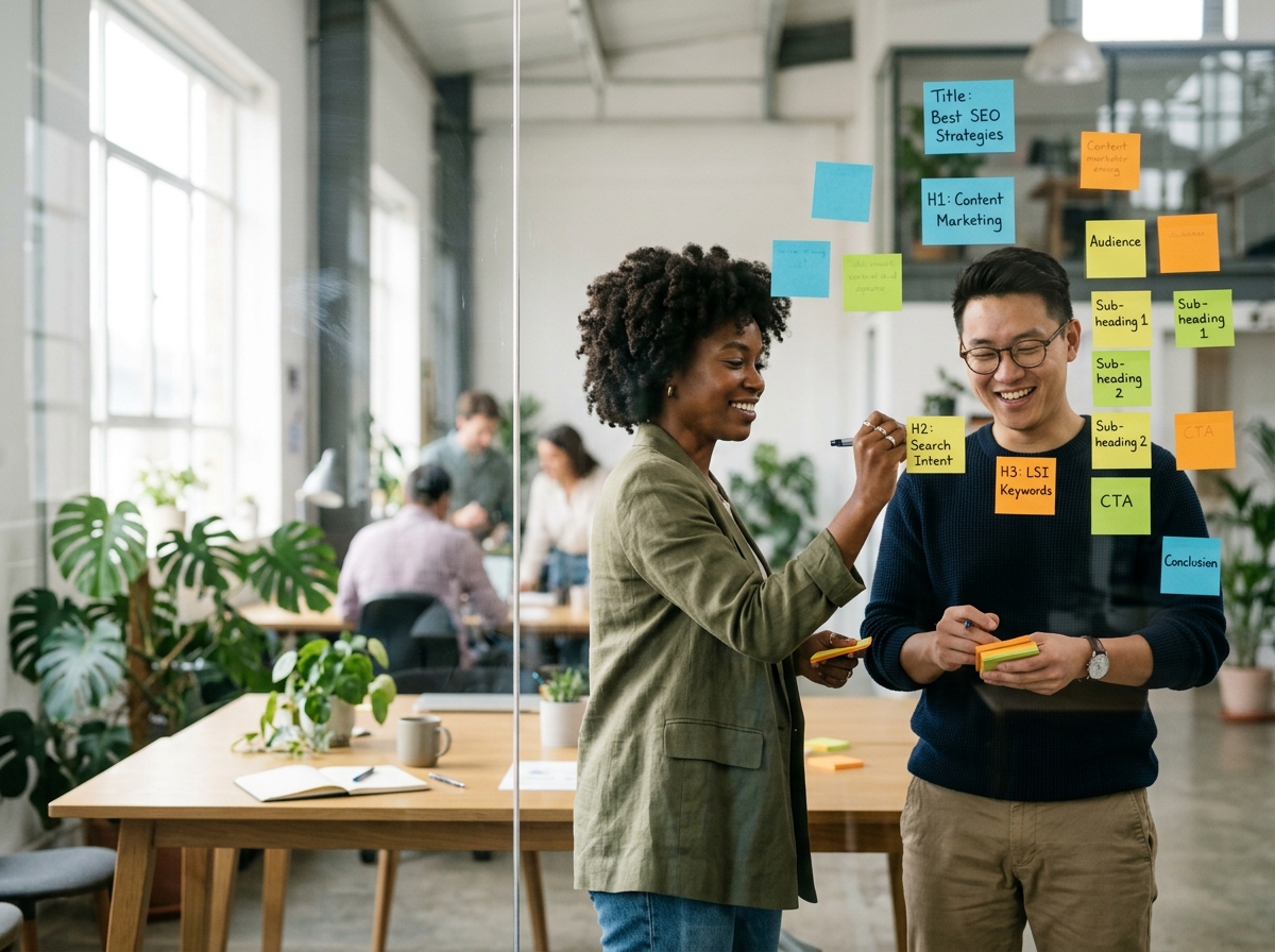Two colleagues collaborating on a content structure using sticky notes on a glass wall.