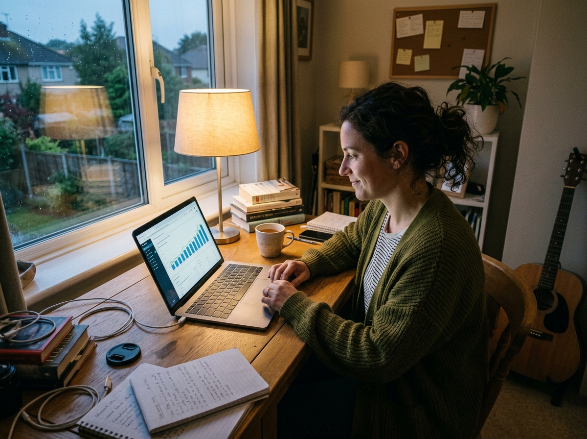 A solo founder in a home office reviewing a content performance dashboard on a laptop.