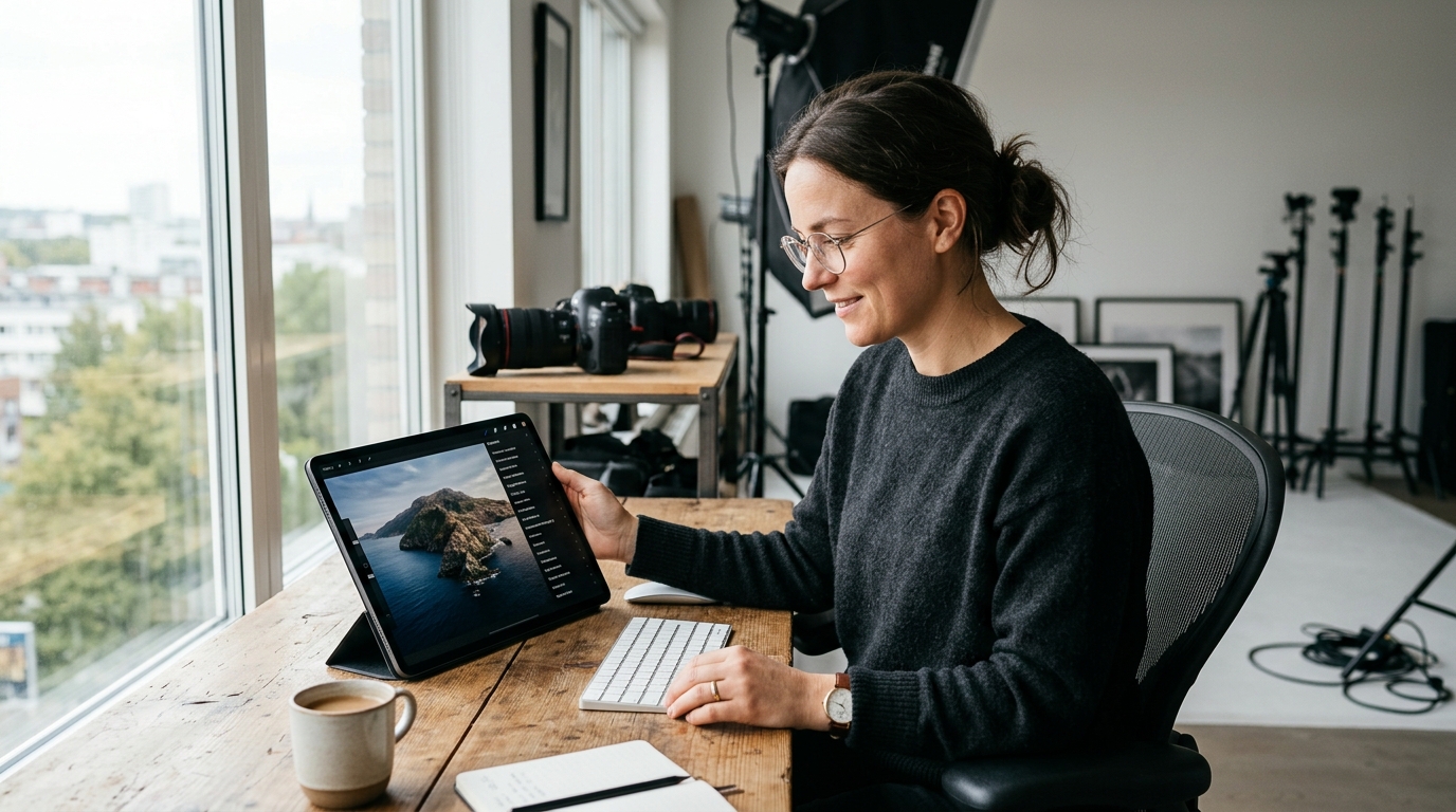 A professional photographer in their studio reviewing AI keyword suggestions on a tablet.