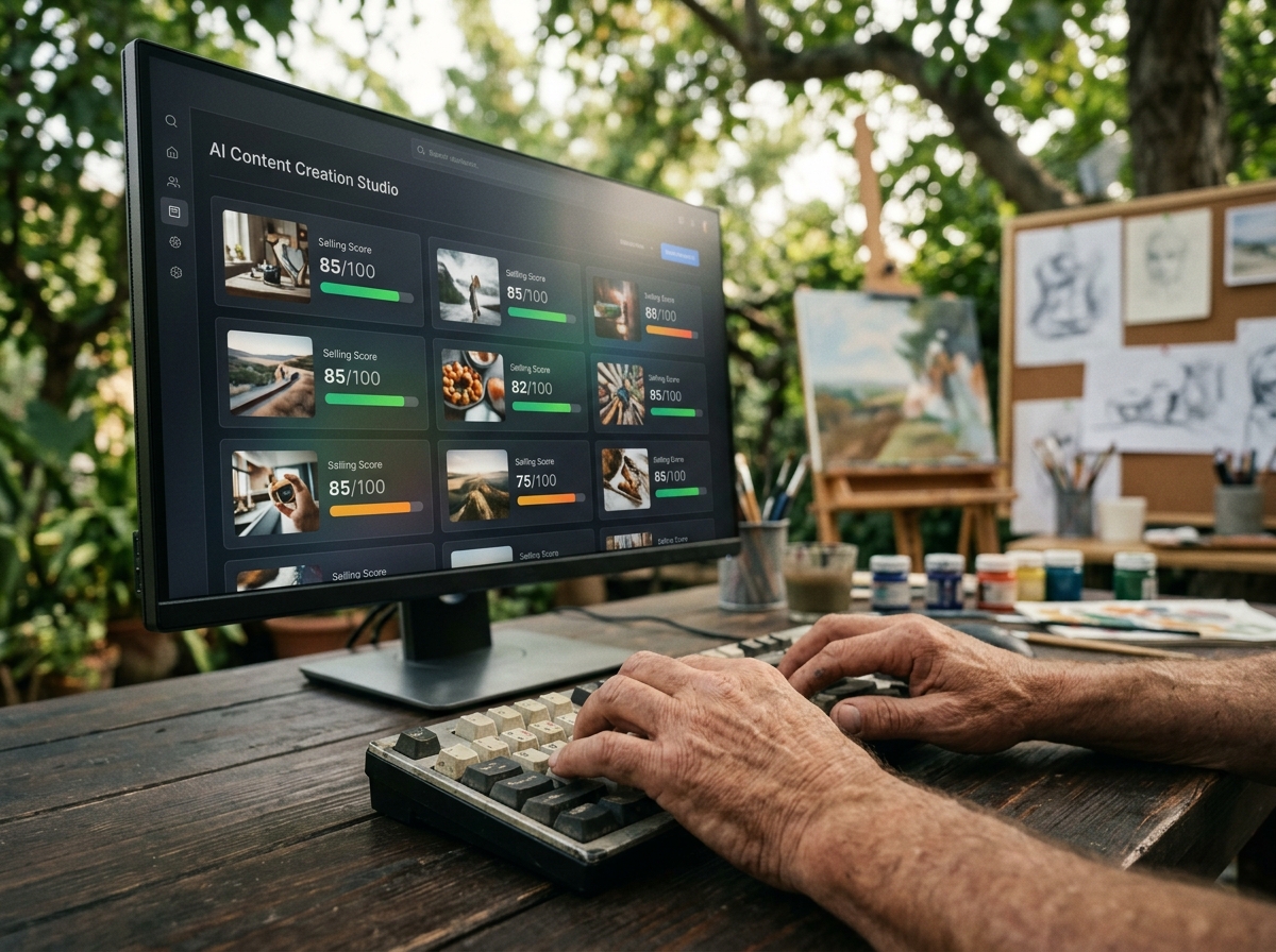 Close-up of a content creator's screen showing a dashboard with a 'Selling Score' for different images.