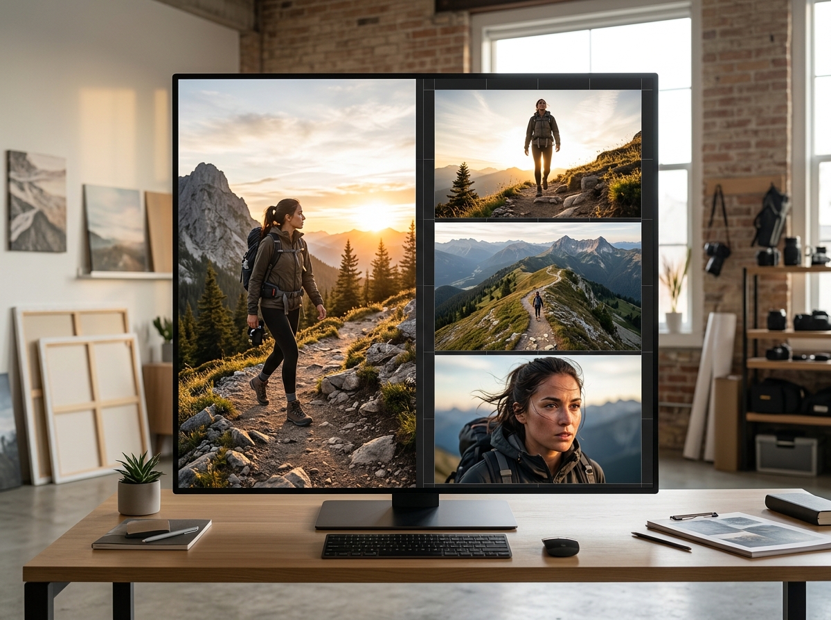 A split-screen image showing an original photo and three AI-generated variations from different angles.