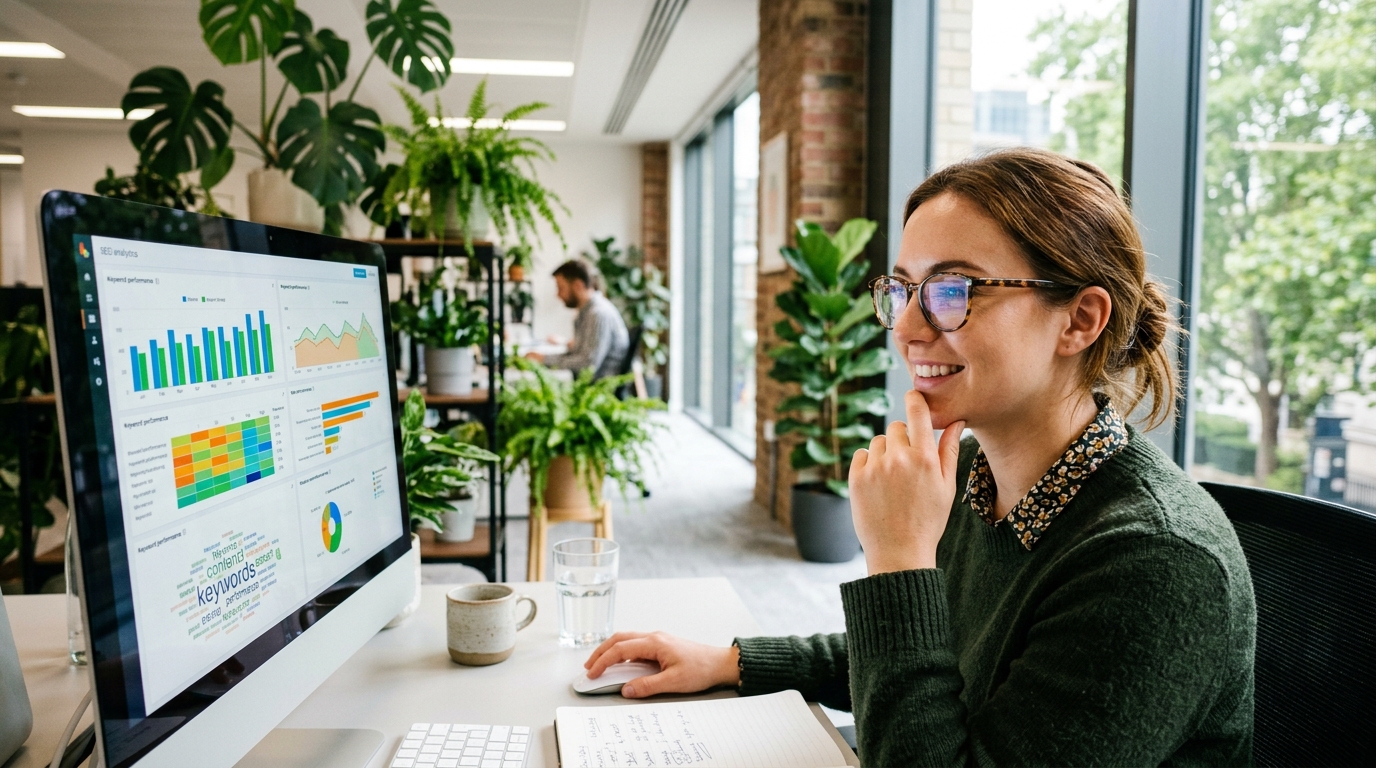 A content marketer analyzing an SEO performance dashboard on a large monitor in a modern, sunlit office.