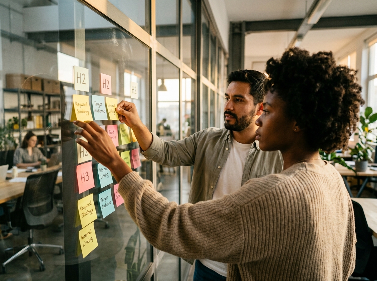 Two colleagues collaborating on an article's structure using sticky notes on a glass wall.