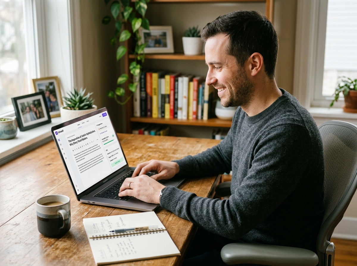 A solo founder using an AI content generation tool on a laptop in a cozy home office setting.