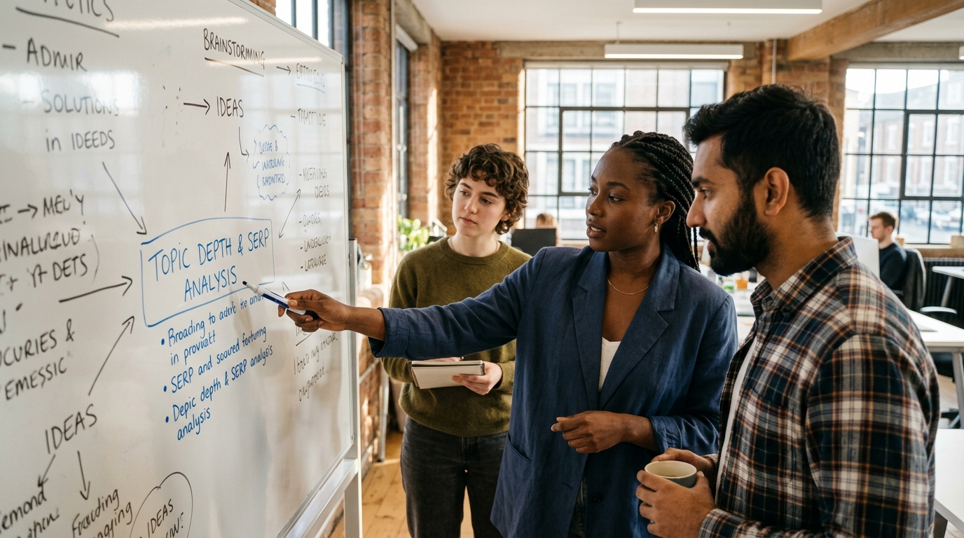 A small team of startup founders collaborating on a content strategy on a whiteboard.