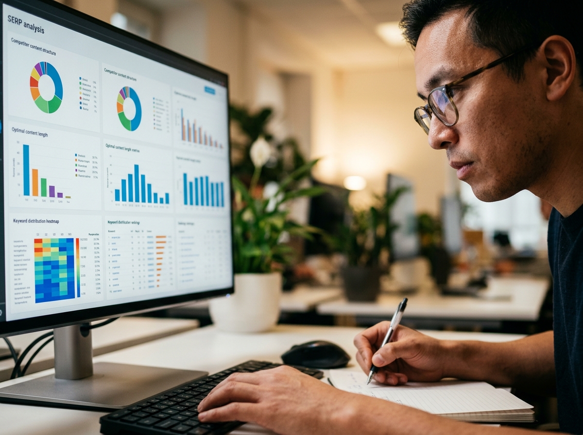 A content strategist analyzing a competitor's article structure on a large monitor.