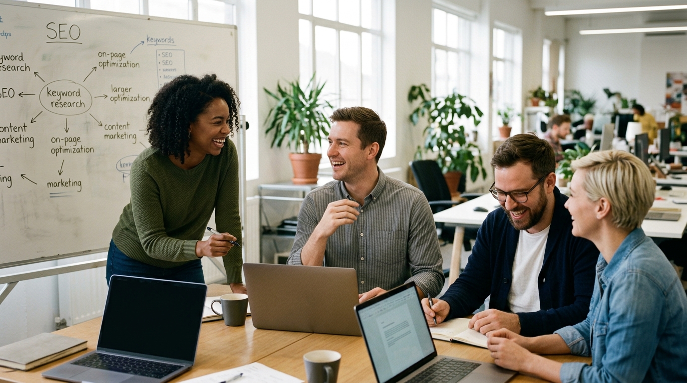 A diverse team of marketing professionals laughing together during a content strategy meeting in a bright, modern office.