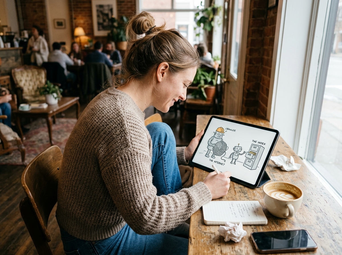 A solo founder sketching out a funny cartoon for their SEO blog post at a coffee shop.