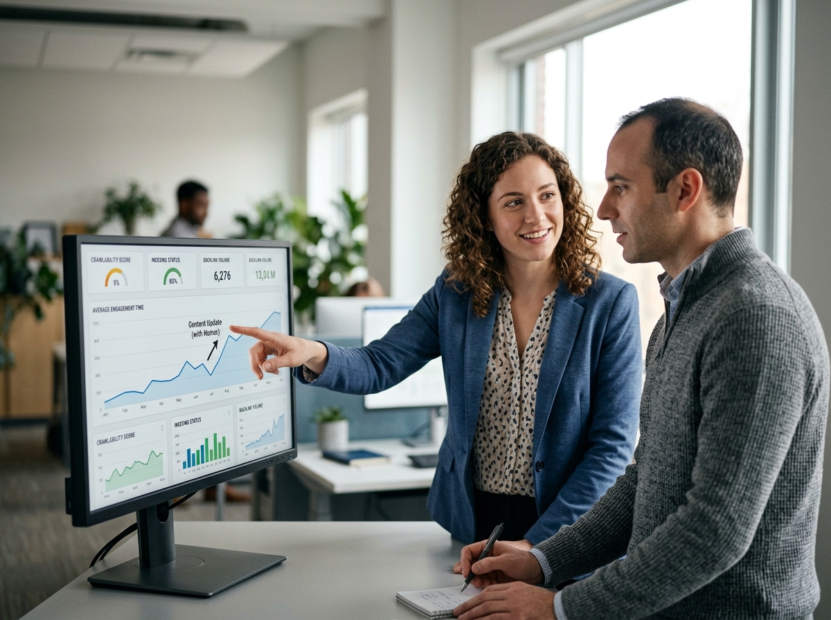 Two SEO analysts looking at a dashboard with engagement metrics, one pointing to a chart with a smile.