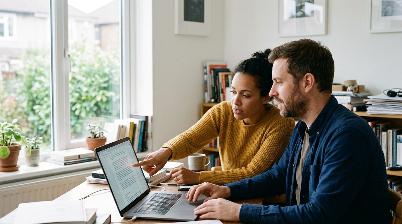 A content strategist and a data analyst collaborating in a modern office, pointing at a screen showing AI-generated content and citation gui