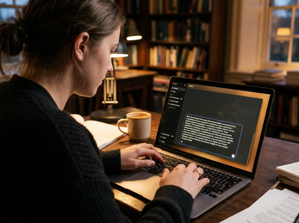 A close-up shot of a researcher's hands typing a detailed prompt into an AI chat interface on a laptop.