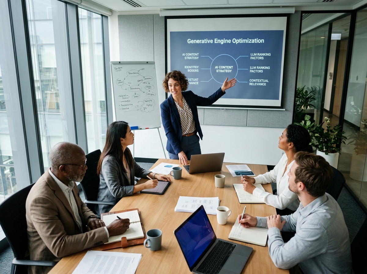 A digital marketer presenting a slide with a diagram explaining Generative Engine Optimization (GEO) to her team.