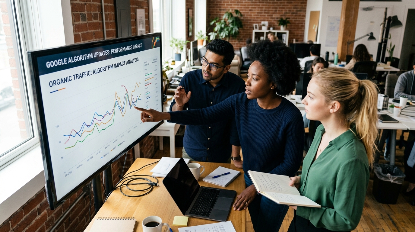 A small marketing team in a startup office analyzing SEO data on a large monitor.