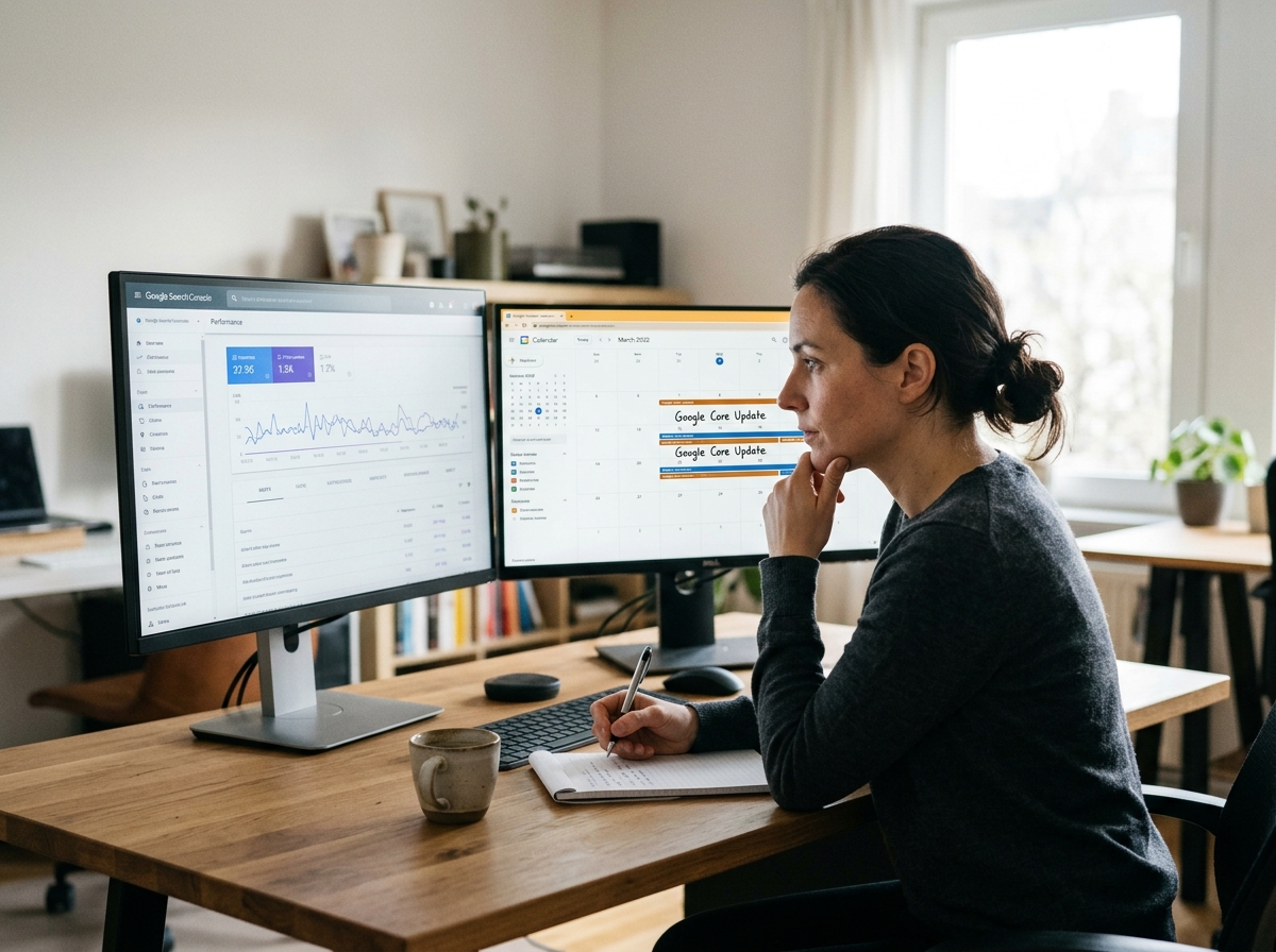 A solo founder cross-referencing Google Search Console data with a calendar of algorithm updates.