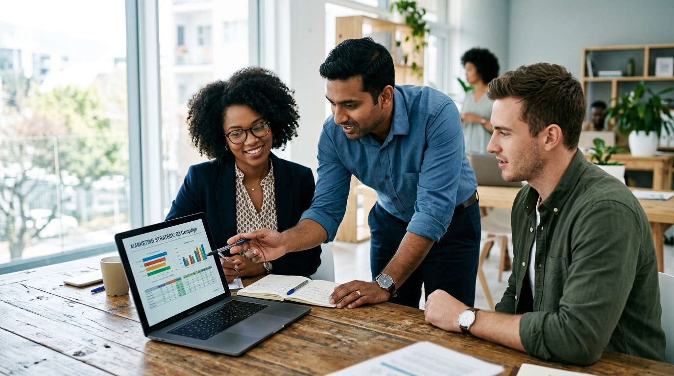 A marketing team collaborates around a conference table, reviewing a press release draft on a laptop for SEO impact.