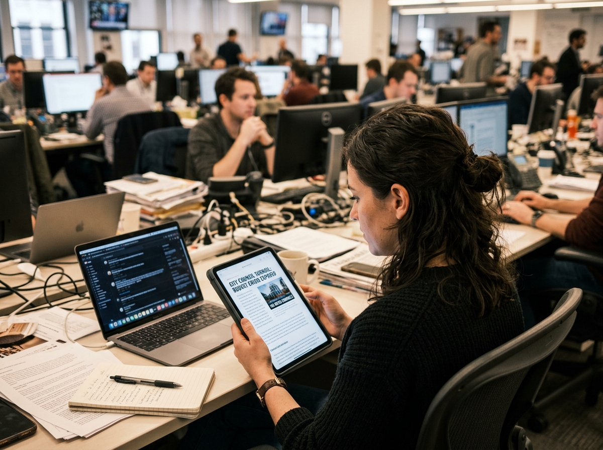 A journalist reads a press release on a tablet in a busy newsroom, showing the potential for media pickup.