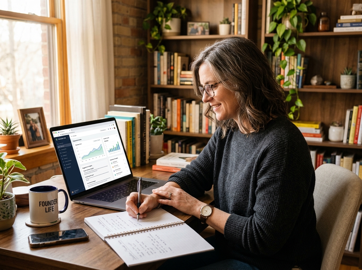 A small business owner uses an AI content tool on her laptop to identify newsworthy angles for a press release.