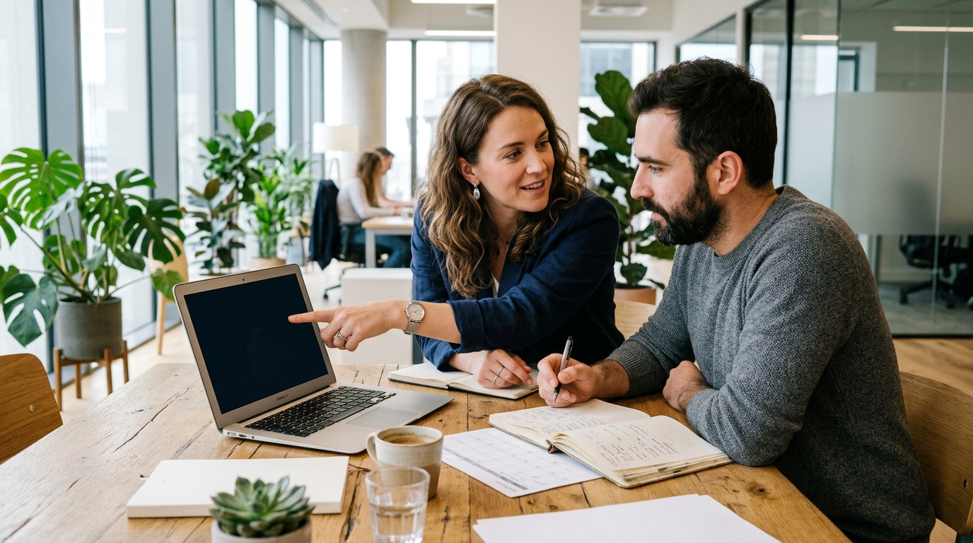 A content strategist and a startup founder collaborating in a bright, modern office, reviewing a content plan on a laptop.