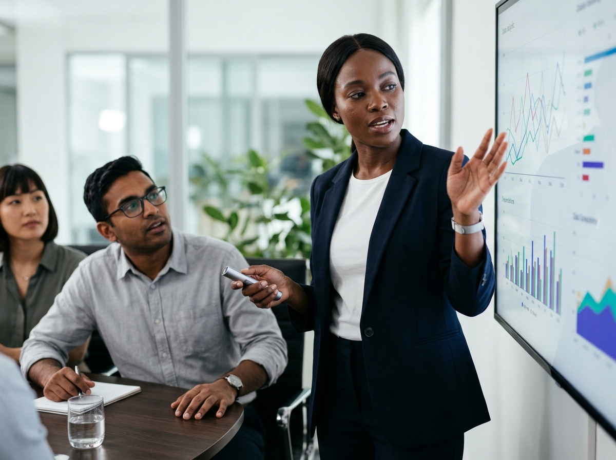 A data analyst presenting competitor content metrics on a large screen to a small, engaged team.