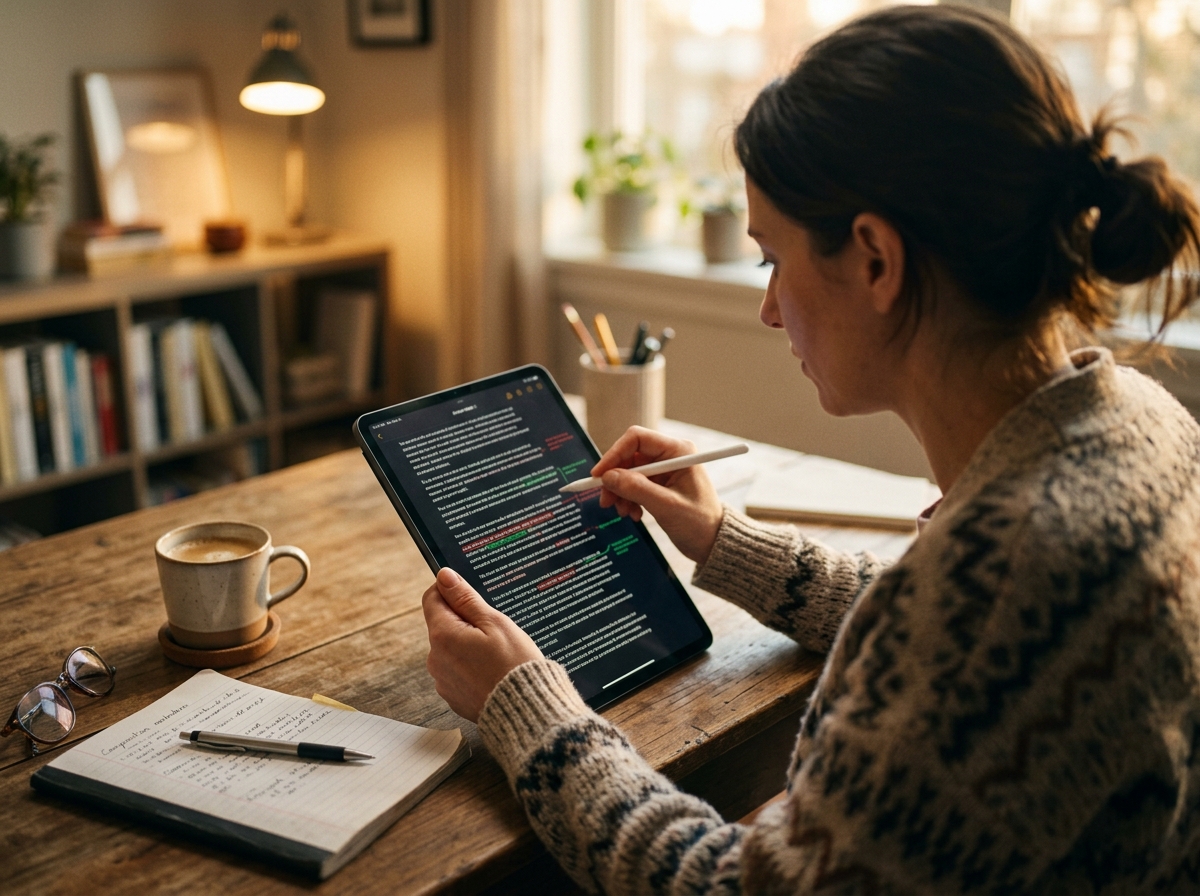 A professional editor making final touches to an article on a tablet in a calm, focused workspace.
