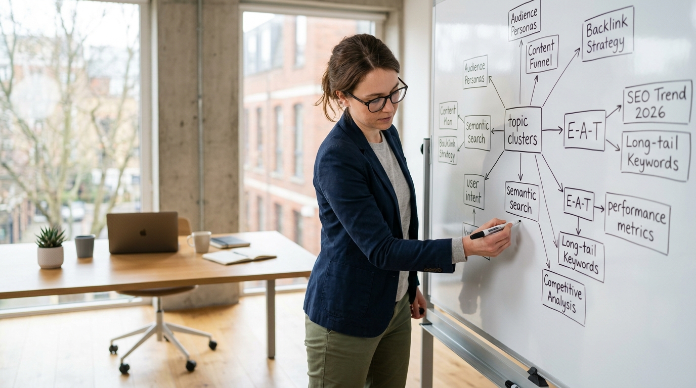 A content strategist at a standing desk, sketching out an article structure on a large whiteboard in a bright, modern office.