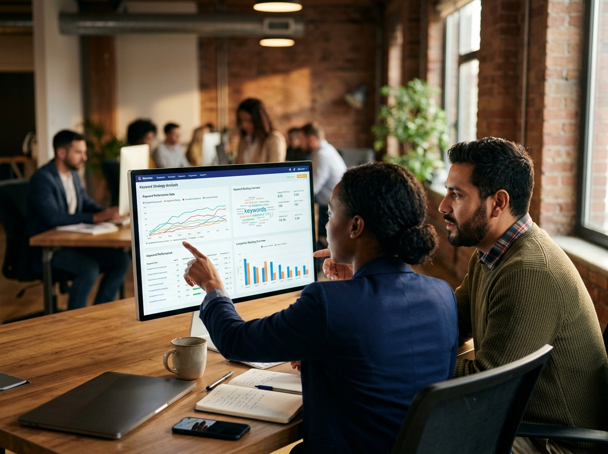 A diverse team of two marketing professionals collaborating in a well-lit office, pointing at a screen showing competitor SEO data and keywo