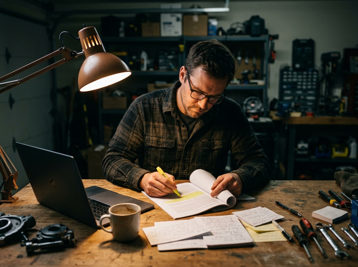 A solo founder carefully reviewing a printout of an article, highlighting sections and making notes in a focused, home-office environment.